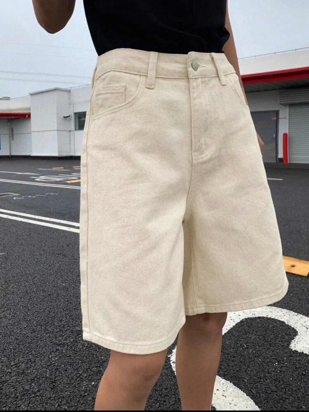 SHEIN Cream High-Waist Relaxed Denim Shorts